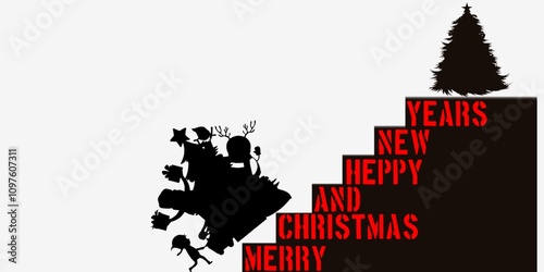 illustration of Merry Christmas, climbing the stairs to reach the Christmas tree
