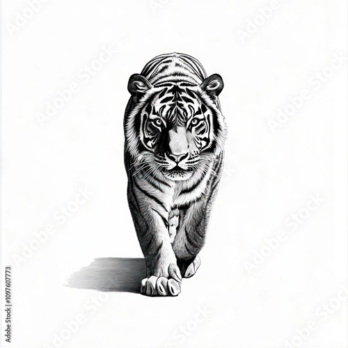 Majestic white tiger walking towards the viewer, depicted in a monochrome illustration style. photo