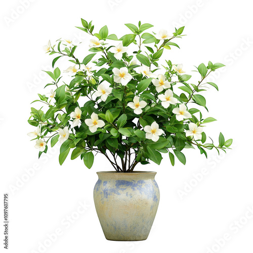 Stylish Jasmine plant in decorative pot, showcasing vibrant green leaves and beautiful white flowers, perfect for home decor