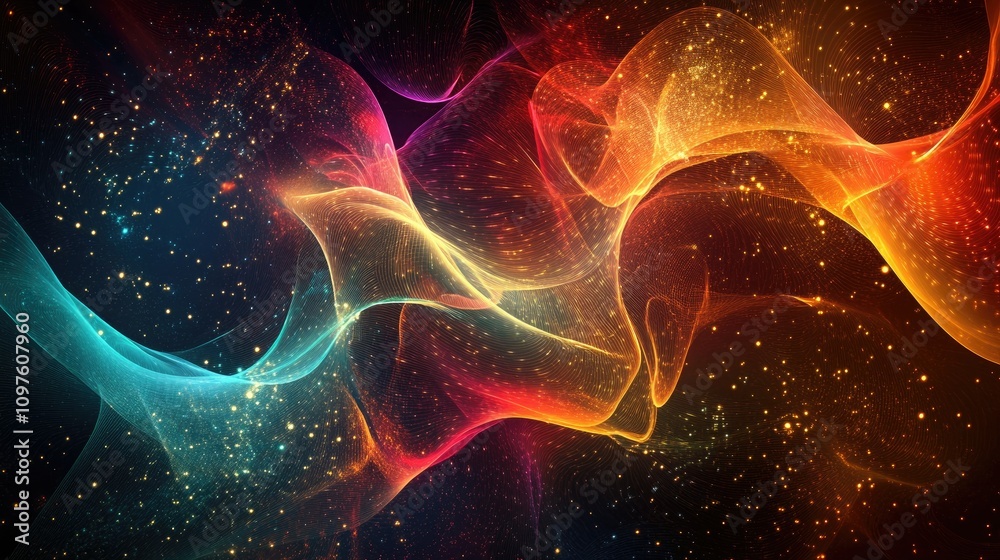 Abstract multicolored data waves swirling through a futuristic digital space, representing fast data transfer and information flow. Abstract multicolored data waves swirling through a futuristic digital space, representing fast data transfer and information flow.