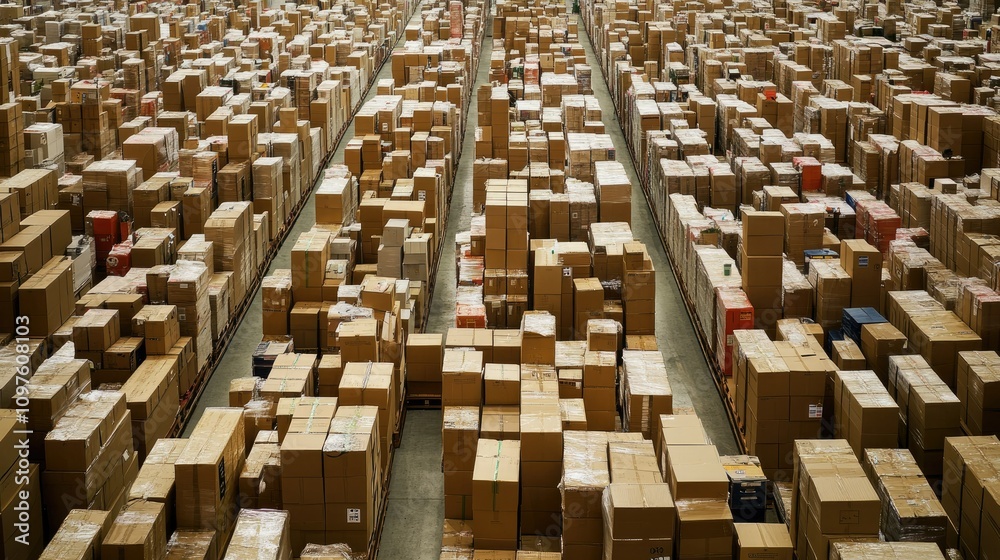Fototapeta premium An expansive warehouse filled with neatly stacked cardboard boxes, representing a busy distribution center with a high level of organization.