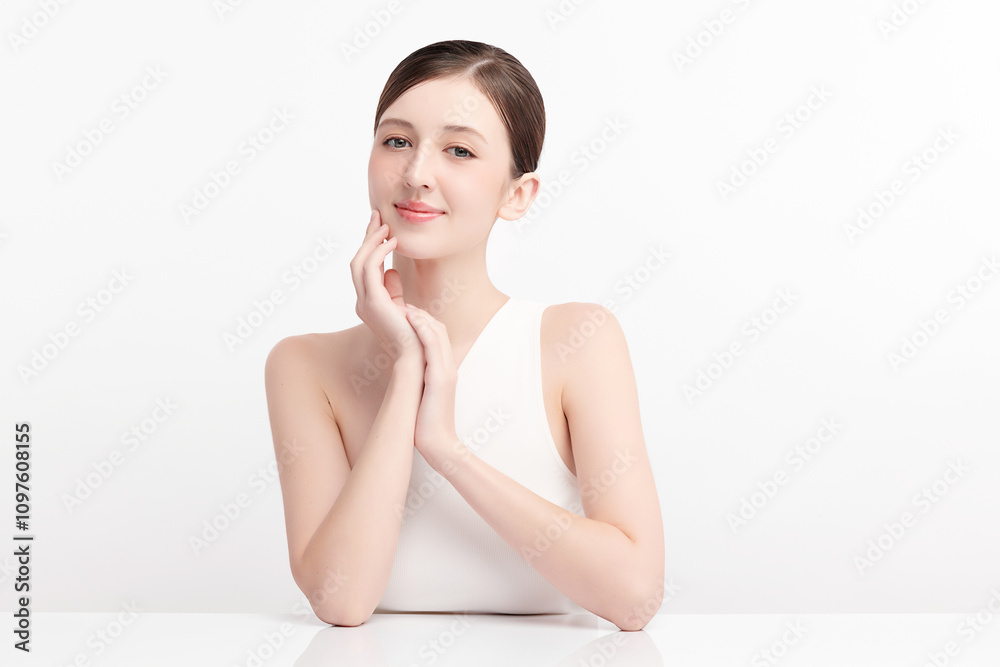 Beautiful young woman with clean fresh skin on white background, Face care, Facial treatment, Cosmetology, beauty and spa, women portrait. Beautiful young woman with clean fresh skin on white background, Face care, Facial treatment, Cosmetology, beauty and spa, women portrait.