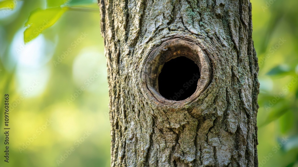Obraz premium An isolated tree trunk with a prominent hole, capturing the texture of the bark and the passage of time in a serene woodland setting.