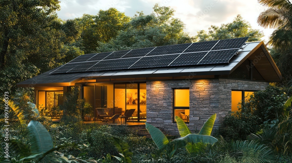 modern home with seamless stone siding integrating solar panels, surrounded by lush greenery modern home with seamless stone siding integrating solar panels, surrounded by lush greenery