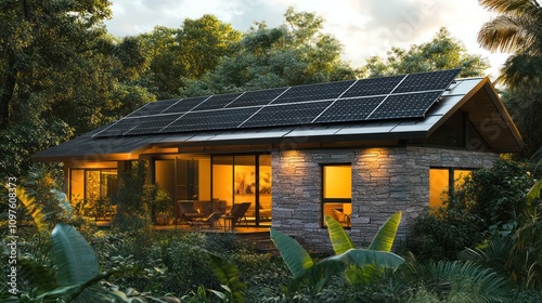 modern home with seamless stone siding integrating solar panels, surrounded by lush greenery