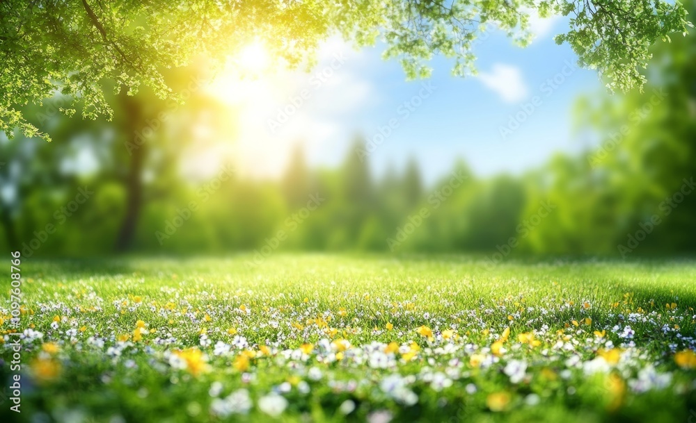 Fototapeta premium Serene spring meadow with wildflowers green grass trees and blue sky on a sunny day