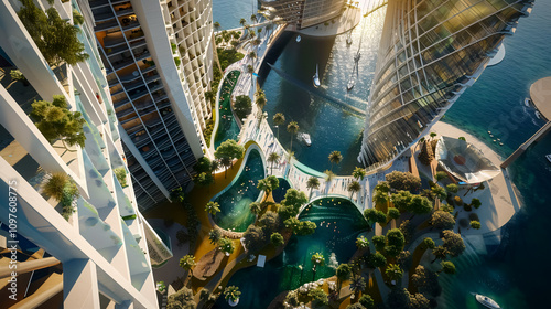 City Project in Saudi Arabia, including The Line, Neom Oxagon, and The Line Bird's Eye View, showcasing eco-friendly vertical city designs. photo