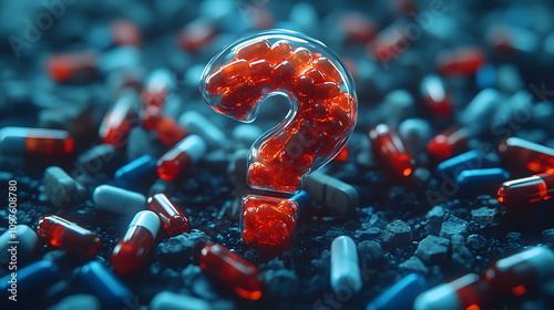  translucent question mark filled with red pills surrounded by scattered capsules on a textured surface, symbolizing medical uncertainty, addiction, or pharmaceutical challenges