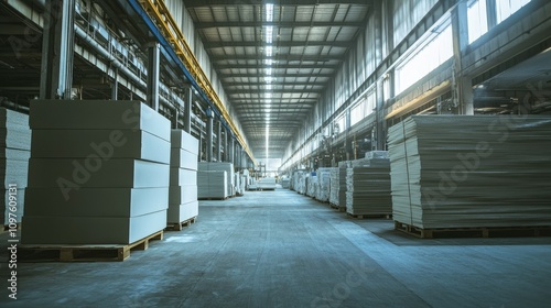 Inside a large factory warehouse, rows of industrial kilns process gypsum boards, with visible heat distortion and a busy manufacturing environment.