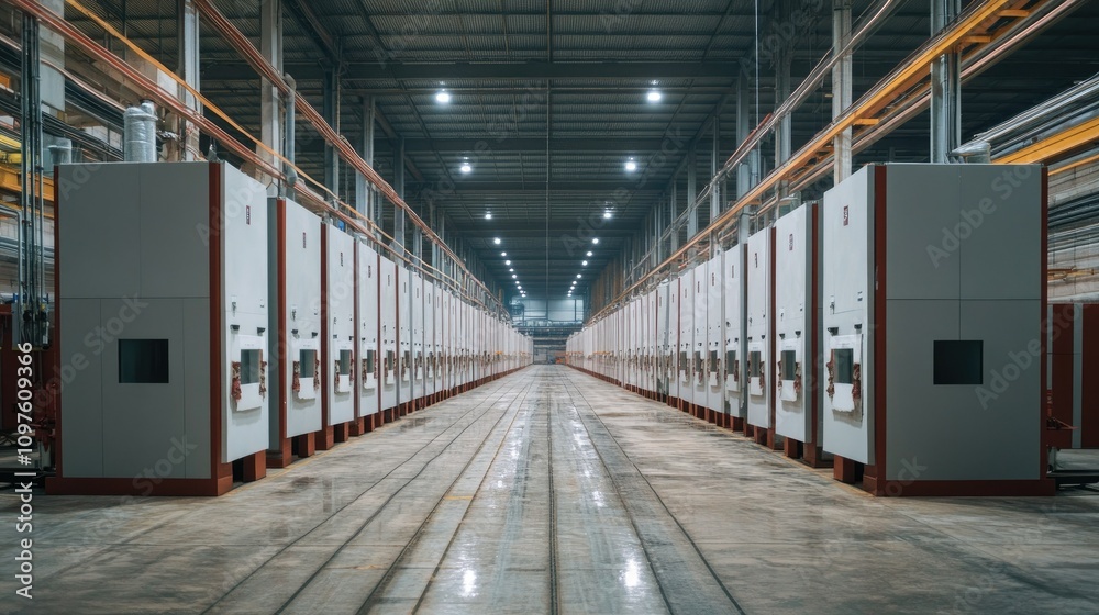 Obraz premium Rows of industrial kilns in a large factory warehouse, used for drying and processing gypsum boards after production, with a focus on machinery and factory scale.