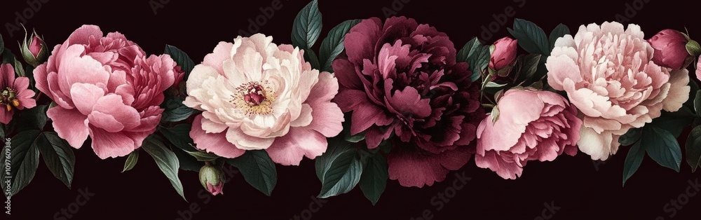Floral Garland with Pink Peonies White Roses and Green Leaves on Brown Background for Wedding Decor