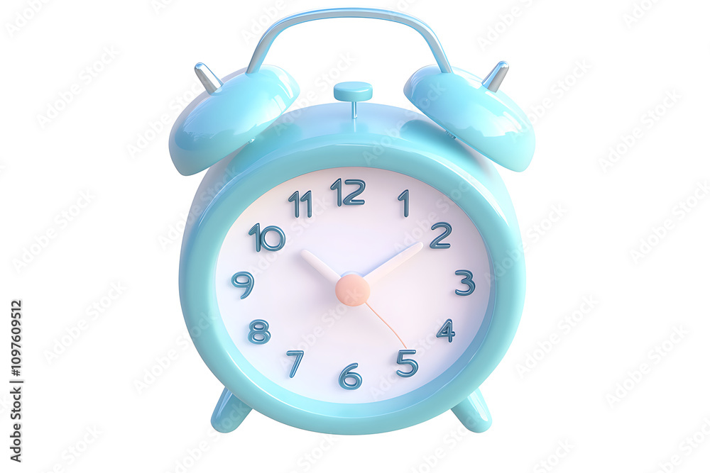 A pastel blue alarm clock displaying time with a classic design and two bells on top.