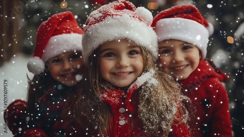 Laughing Children in Santa Hats Playing in the Snow_1