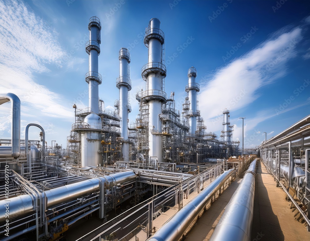 Obraz premium A sprawling industrial site with towering structures and pipelines