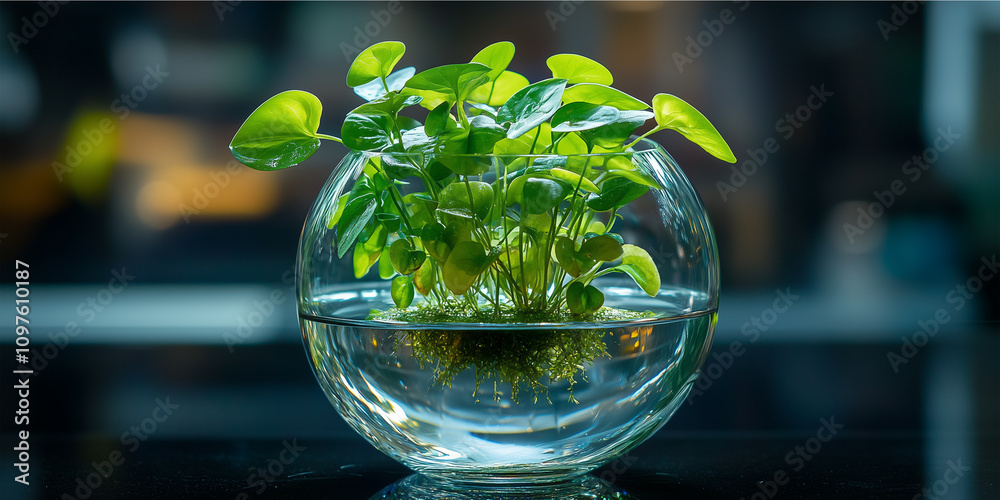 Modern Spherical Glass Plant Pot with Aquatic Greenery Modern Spherical Glass Plant Pot with Aquatic Greenery