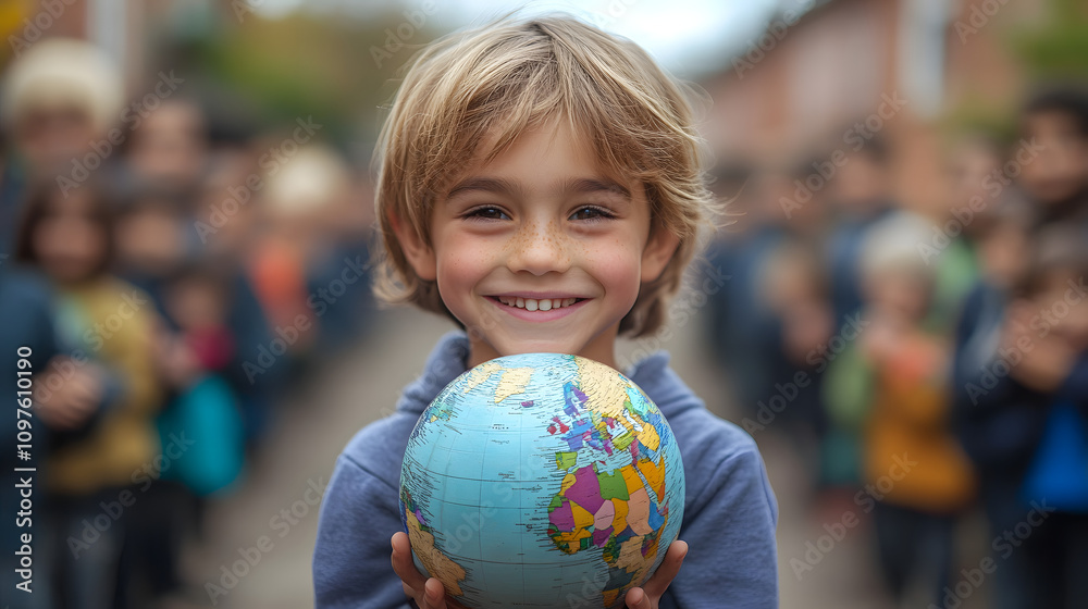 cheerful child holding a globe in an outdoor setting, surrounded by a blurred background of people. Symbolizes global unity, education, and hope for a better future cheerful child holding a globe in an outdoor setting, surrounded by a blurred background of people. Symbolizes global unity, education, and hope for a better future