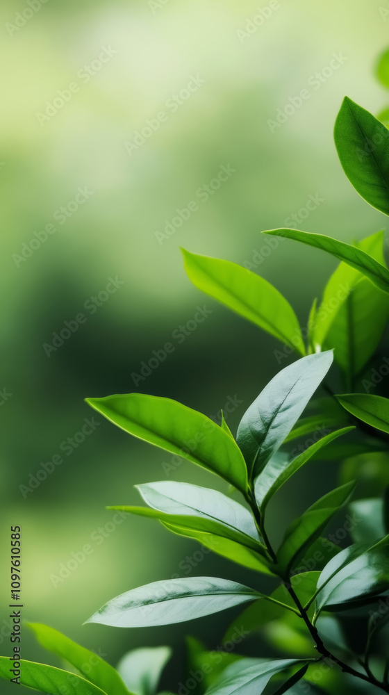 Lush green leaves basking in soft sunlight in a serene outdoor setting during early morning hours Lush green leaves basking in soft sunlight in a serene outdoor setting during early morning hours