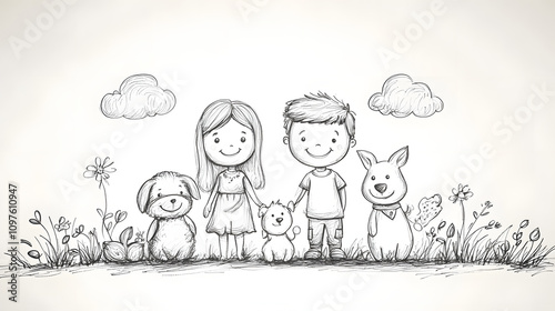 Charming black-and-white sketch of a boy and girl standing with their pets, surrounded by flowers, grass, and clouds. A cheerful depiction of nature, friendship, and simplicity.