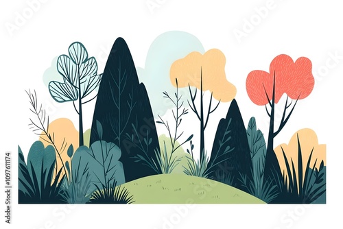 Forrest landscape with grass, nature inspired vector illustration