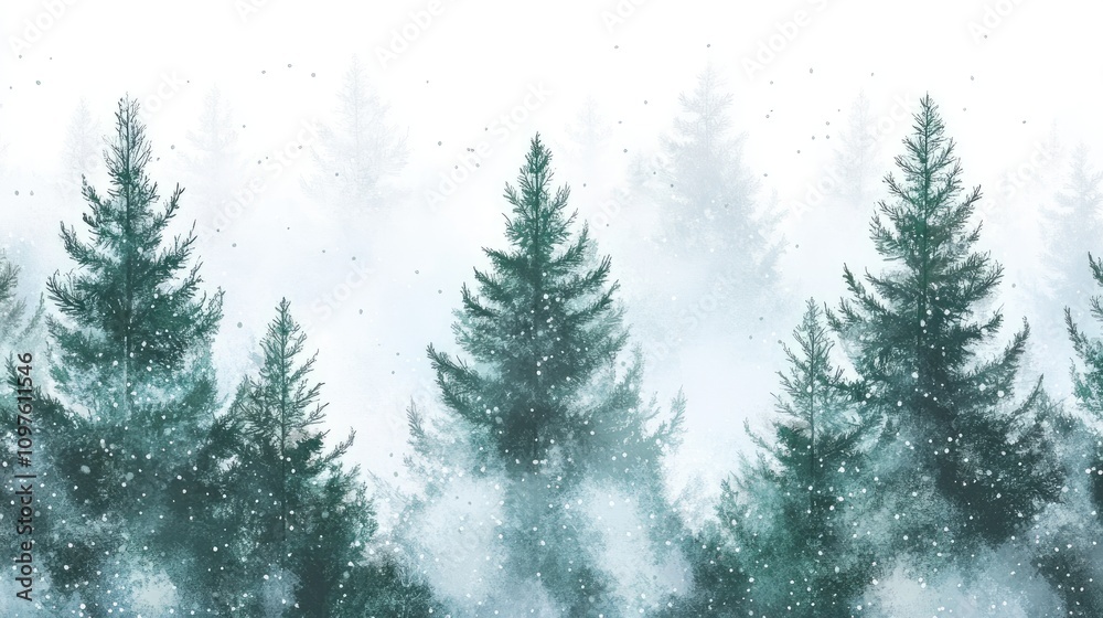 Fototapeta premium Snowy Forest Landscape with Evergreen Trees in Soft Focus Background