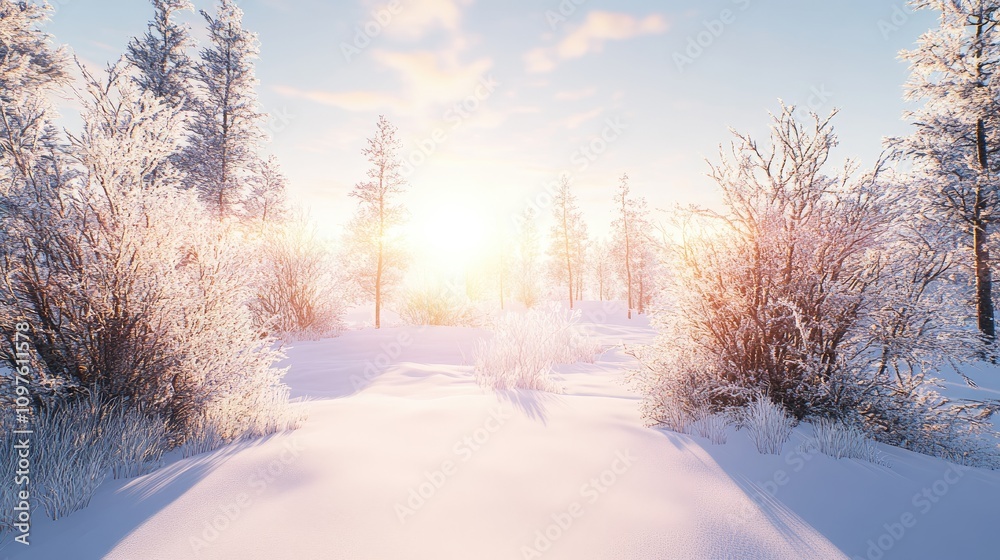 Serene Winter Landscape with Snow-Covered Trees at Sunrise