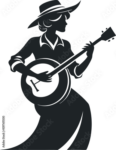 Elegant Banjo-Playing Woman Outline Vector Illustration photo