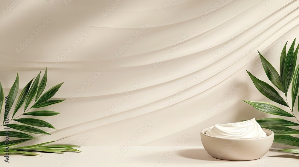 Creamy Skincare Product Surrounded by Green Leaves on Smooth Background Creamy Skincare Product Surrounded by Green Leaves on Smooth Background