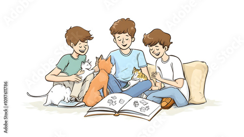 whimsical illustration of three children sitting on the floor, surrounded by cats, reading a picture book. Concept of bonding, imagination, and love for animals.