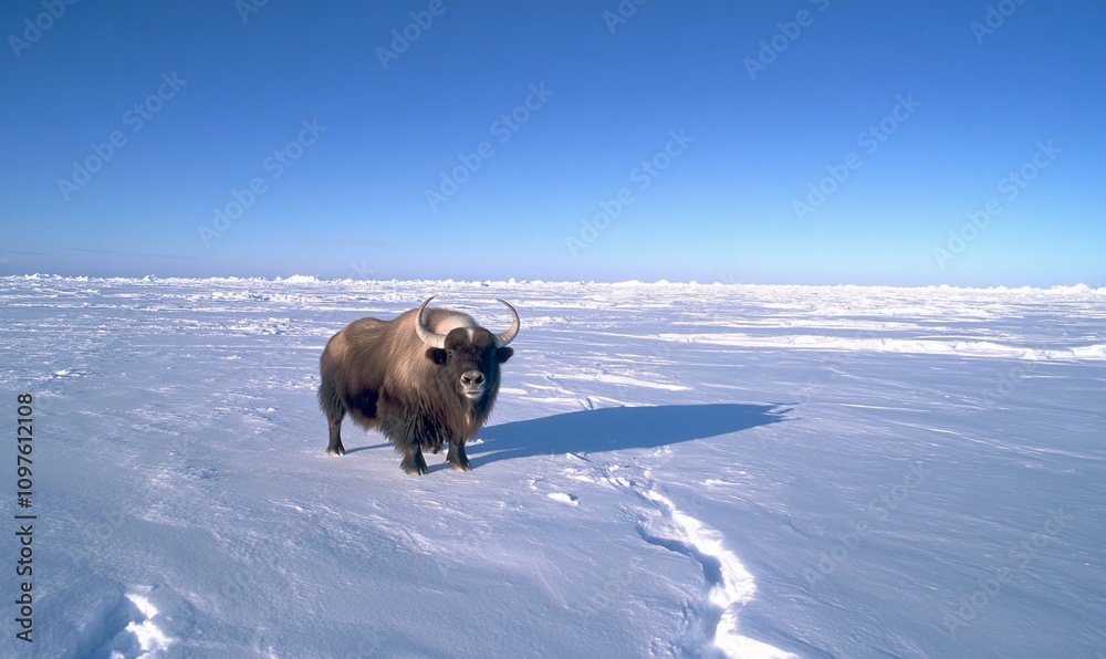 Solitary yak standing in vast snowy landscape under clear blue sky. Solitary yak standing in vast snowy landscape under clear blue sky.
