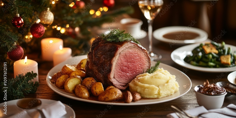 A beautifully arranged holiday dinner featuring a juicy roast beef centerpiece. Surrounding the beef are golden roasted potatoes and creamy mashed potatoes. Perfect for festive gatherings. AI A beautifully arranged holiday dinner featuring a juicy roast beef centerpiece. Surrounding the beef are golden roasted potatoes and creamy mashed potatoes. Perfect for festive gatherings. AI