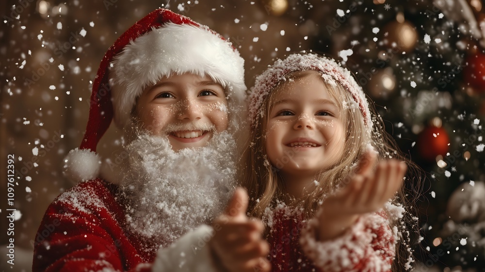 Laughing Children in Santa Hats with Festive Lights in the Background_1 Laughing Children in Santa Hats with Festive Lights in the Background_1