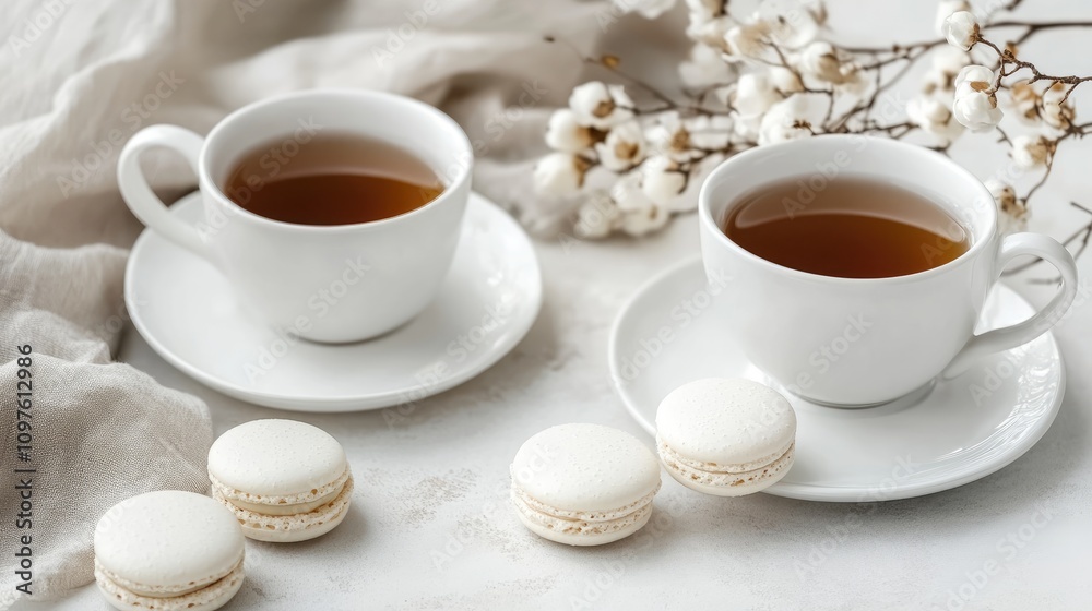 Elegant Tea Time with Macarons and Cotton Branches Elegant Tea Time with Macarons and Cotton Branches