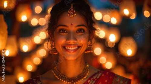 Smiling woman in red saree, illuminated by warm candlelight.