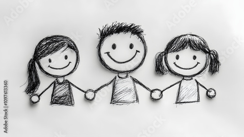 playful pencil sketch of three smiling stick-figure siblings holding hands, radiating happiness, unity, and simplicity in a whimsical and minimalist style. photo