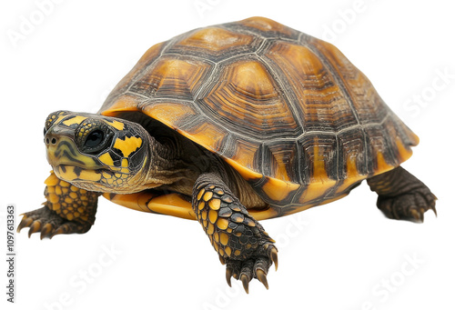 Turtle takes a gradual stroll across the smooth floor isolated on transparent background