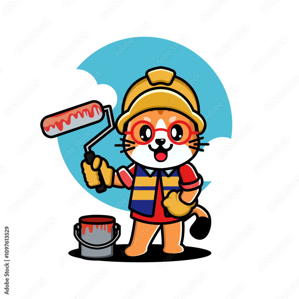 Cat in construction gear holding a paint roller with a paint bucket, ready to paint. Cat in construction gear holding a paint roller with a paint bucket, ready to paint.