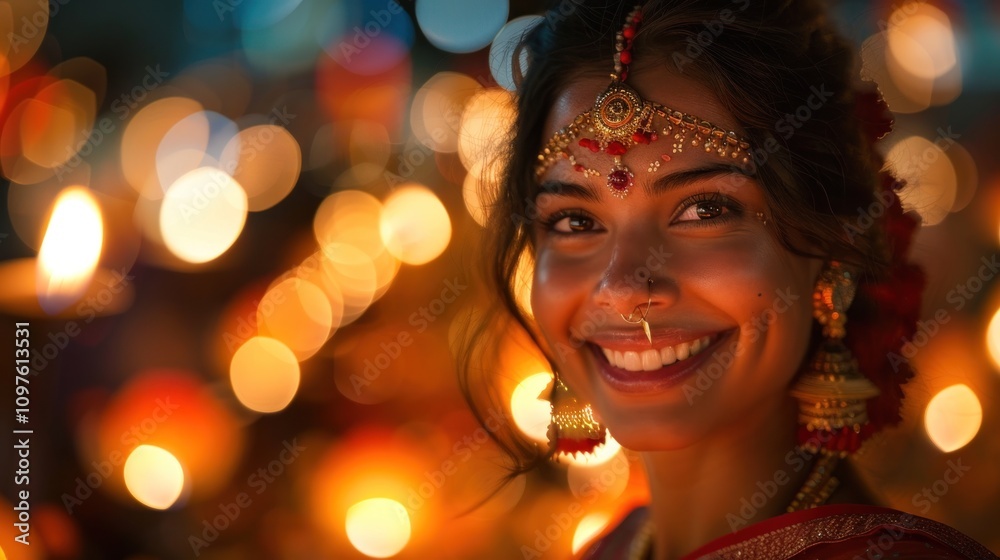 Smiling woman in traditional Indian attire at night. Smiling woman in traditional Indian attire at night.
