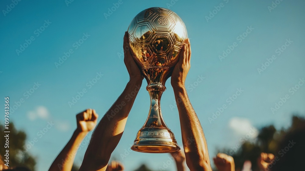Champion soccer player lifting the championship cup