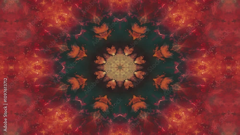 A vibrant, symmetrical kaleidoscopic pattern featuring swirling colors and textures.