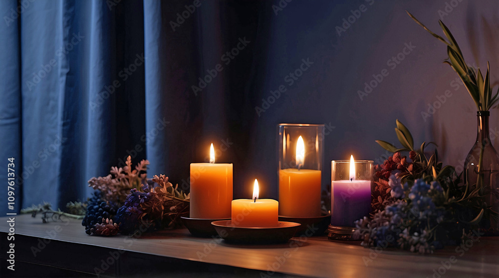 Warm Candlelight Glow Illuminating A Cozy Setting With Vibrant Flowers And Elegant Decor Against A Soft Dark Blue Background Warm Candlelight Glow Illuminating A Cozy Setting With Vibrant Flowers And Elegant Decor Against A Soft Dark Blue Background