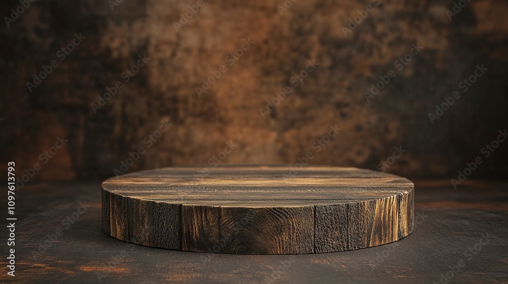 Rustic wood podium display for food, perfume, jewellery and cosmetic products on dark brown background. Front view. Rustic wood podium display for food, perfume, jewellery and cosmetic products on dark brown background. Front view.