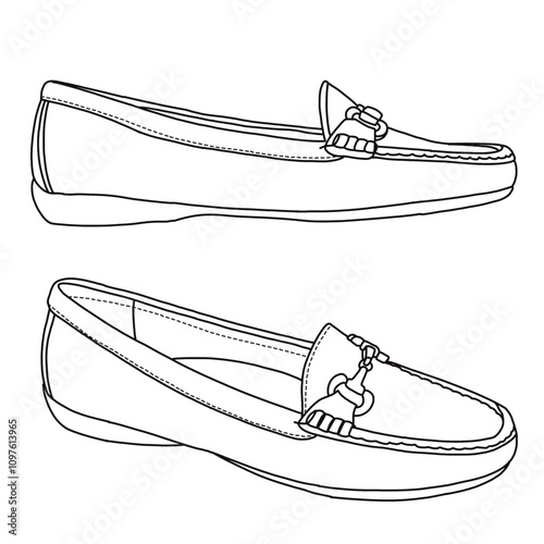 Women's Slip on Buckle Loafer Shoes Line art, Technical sketch hand drawing outline vector doodle side isometric 3D view isolated on white background for coloring page
