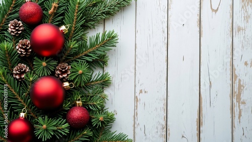 Minimalist Christmas Ornament & Spruce Branches on White Wood