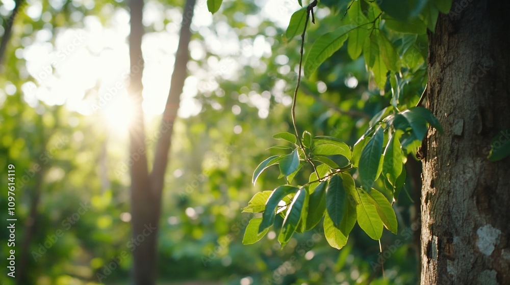 Sunlit forest scene with green leaves and tree trunk. Sunlit forest scene with green leaves and tree trunk.