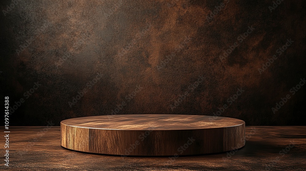 Rustic wood podium display for food, perfume, jewellery and cosmetic products on dark brown background. Front view. Rustic wood podium display for food, perfume, jewellery and cosmetic products on dark brown background. Front view.