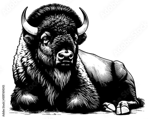 Full-length bison, black and white vector sketch isolated on white background	