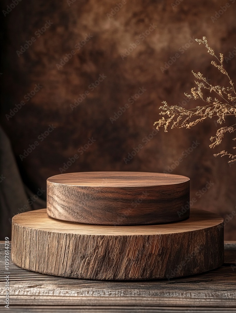 Rustic wood podium display for food, perfume, jewellery and cosmetic products on dark brown background. Front view. Rustic wood podium display for food, perfume, jewellery and cosmetic products on dark brown background. Front view.