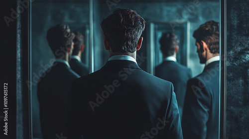 A man in a suit, standing in front of a mirror reflecting different versions of himself, symbolizing self-discovery photo