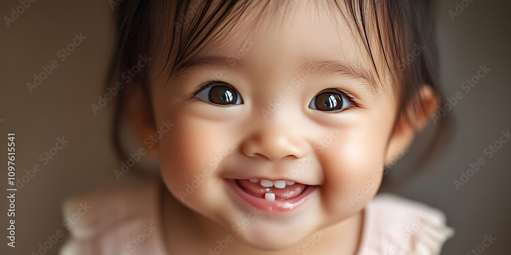 Close-up smiling portrait of joyful South East Asian baby girl on simple and clean background