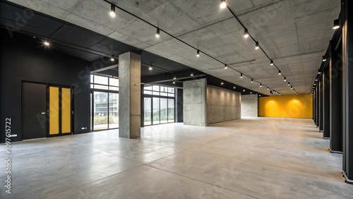 Minimalist concrete interior with dark walls and bright accent walls, monochromatic colors, simple aesthetic, dark walls, concrete interior